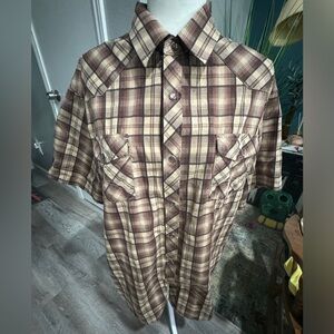 Mens vintage western pearl snap button down short sleeve plaid shirt